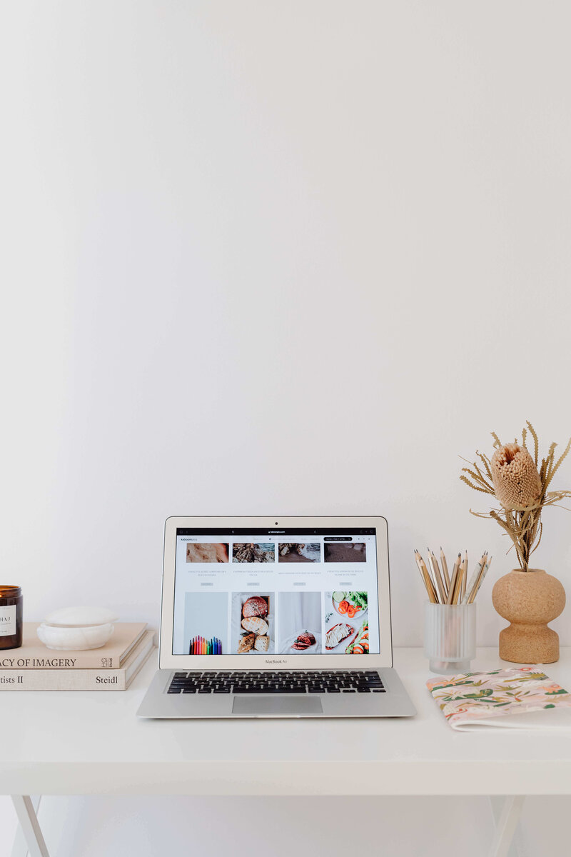 A small laptop on a white desk next to dried plants and stationery.