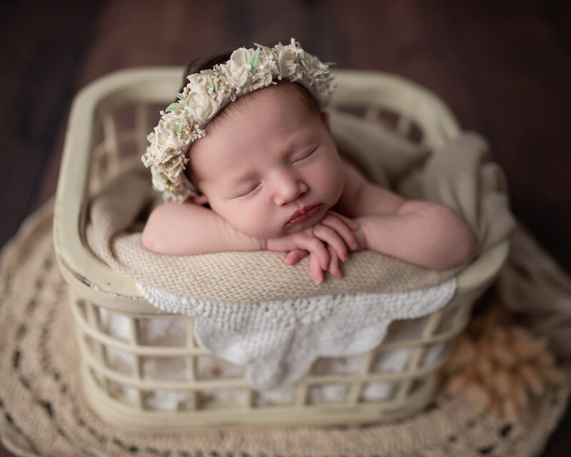 Styled in neutrals and vintage lace, this floral-crowned newborn girl rests gently in a cream basket pose.