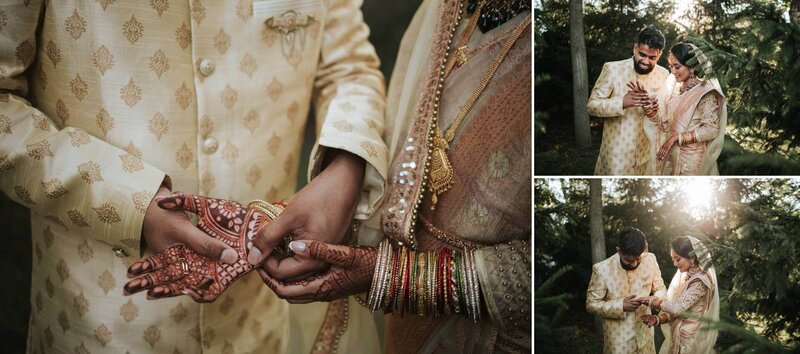 South Asian couple hug and enjoy solitude after ceremony in the canopy of the trees at Royal Alberts Palace