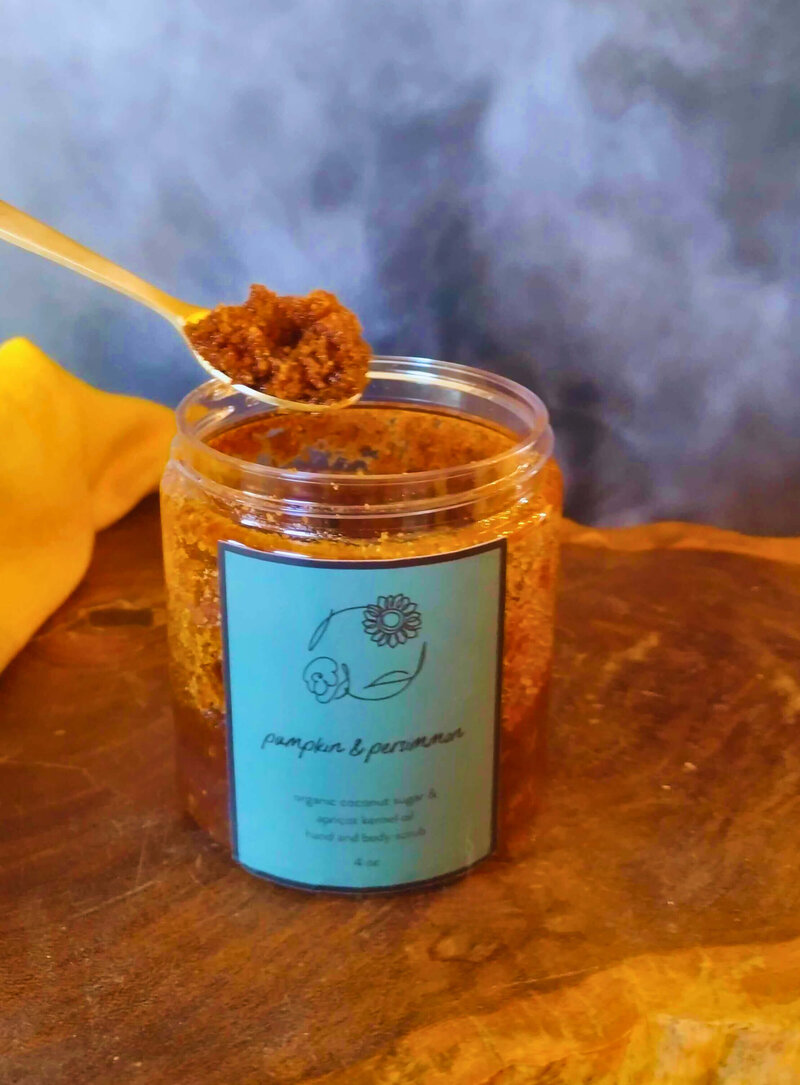 pumpkin and persimmon organic coconut sugar exfoliating scrub with spoon