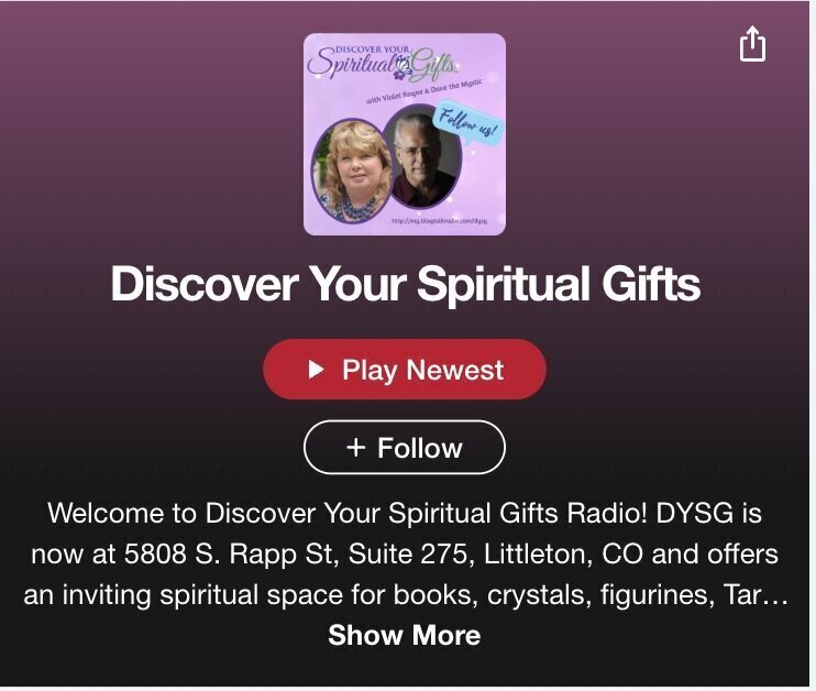Promotional image for the "Discover Your Spiritual Gifts" podcast, featuring hosts Violet Rain and Dave the Mystic.