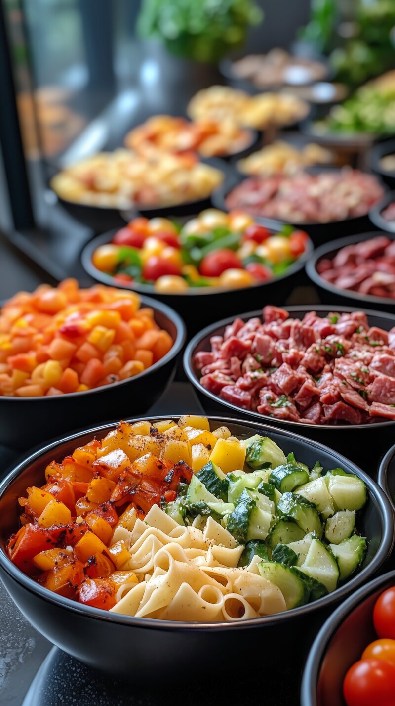 Vida Foods catered spread featuring fresh chopped vegetables, marinated meats, roasted produce, and pasta in black serving bowls, prepared for events in St. Petersburg, FL.