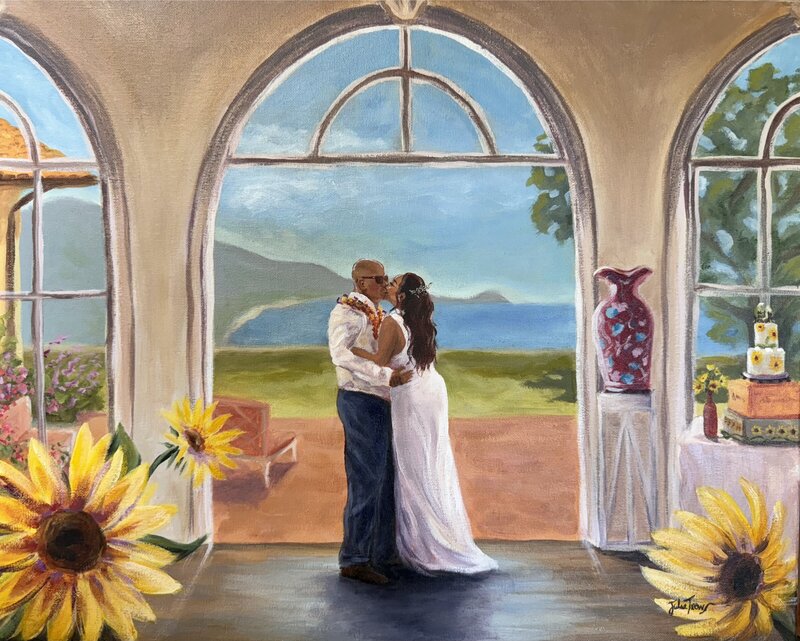 Painted scene of bride in white dress and groom in tan and blue suit sharing a first kiss under an archway with views of the ocean, mountains, and details like the wedding cake and sunflowers surrounding them