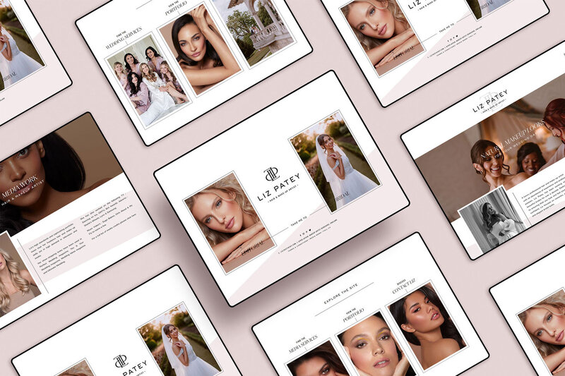 Landscape website mockup for Liz Patey beauty brand on soft pink background