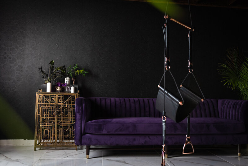 LeZandra Photography Boudoir Studio, purple couch