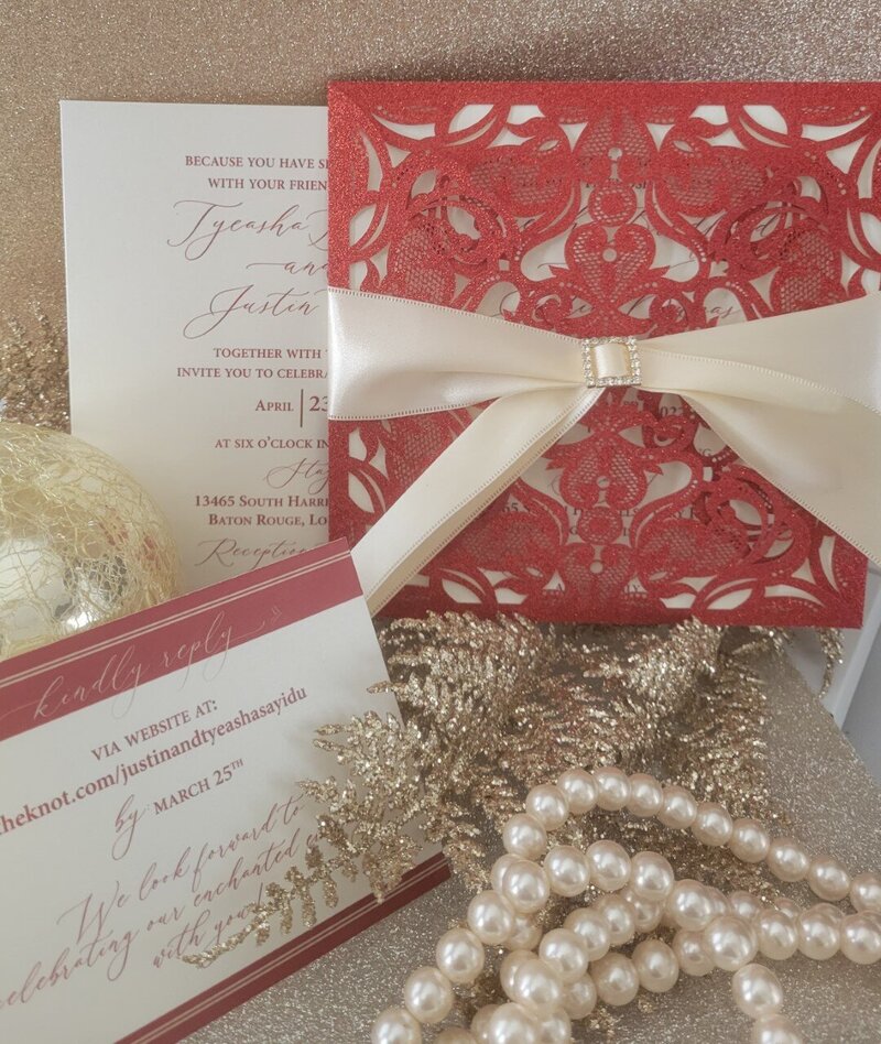 red and gold wedding invitation