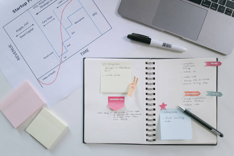 Desk with planner with website to-dos on page, black marker and laptop