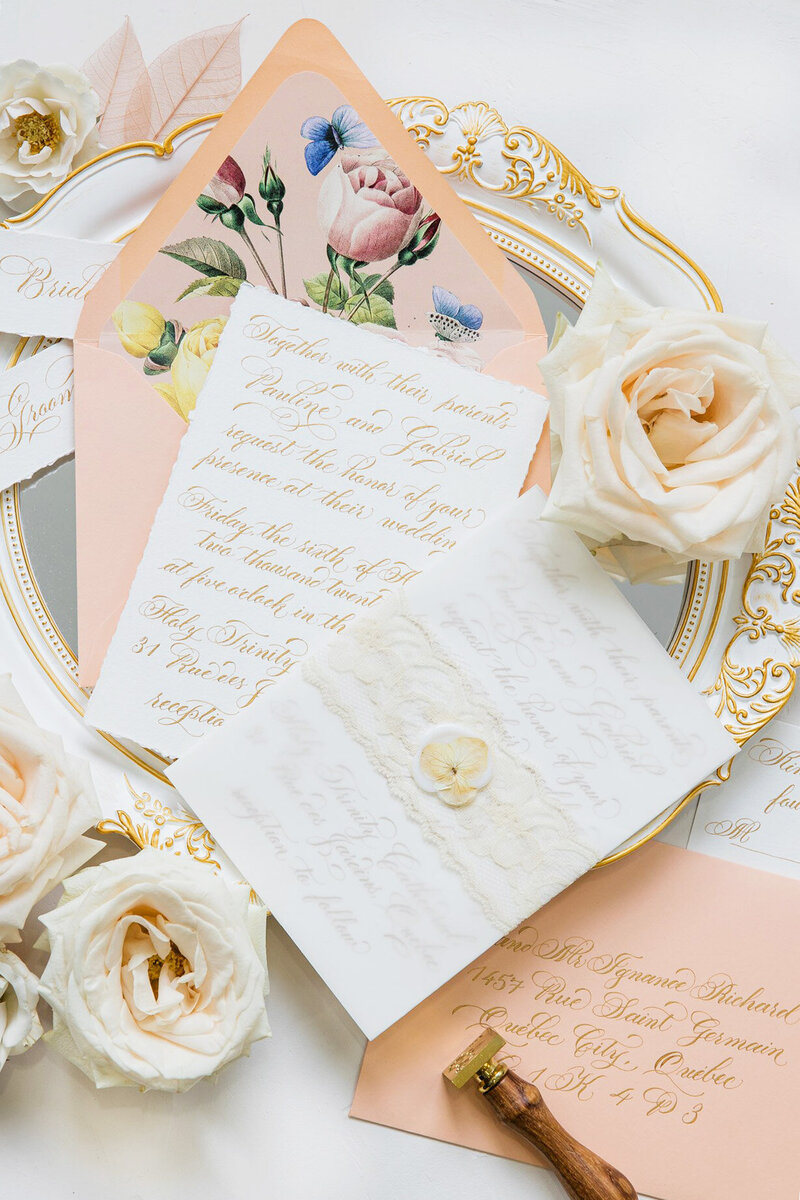 Calligraphy Wedding Invitation in Peach G Designers