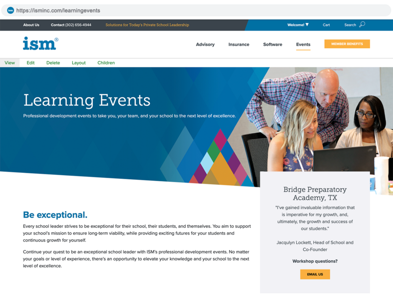 ISM landing page mock up-learning events