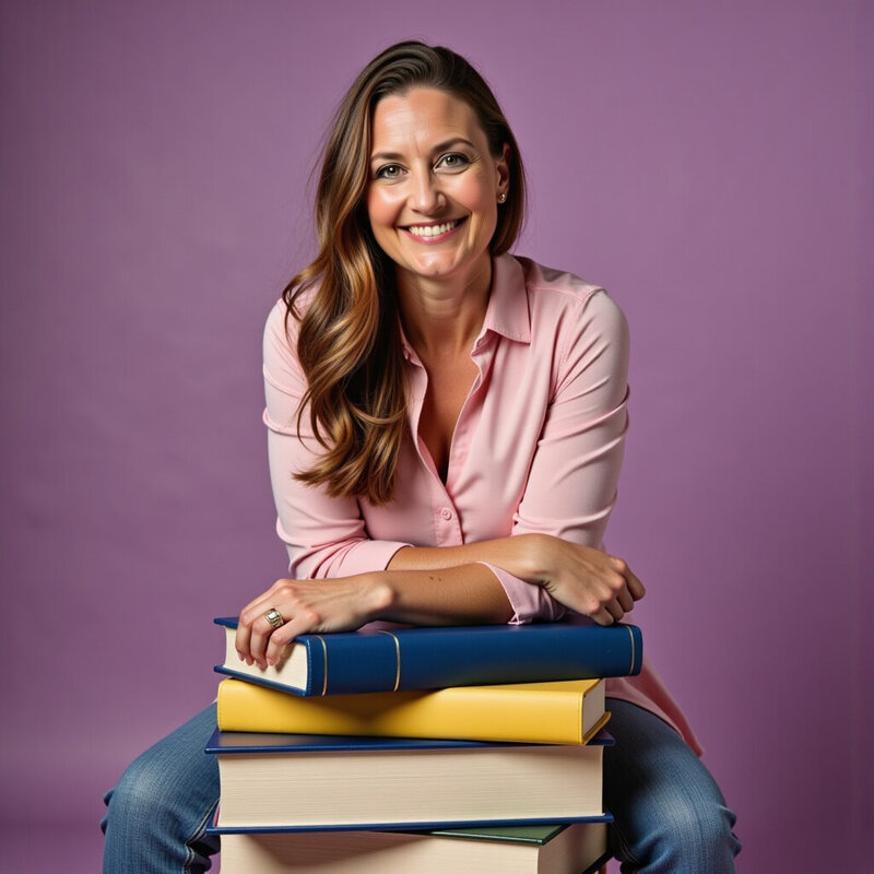 Carissa leaning over a pile of oversized books.