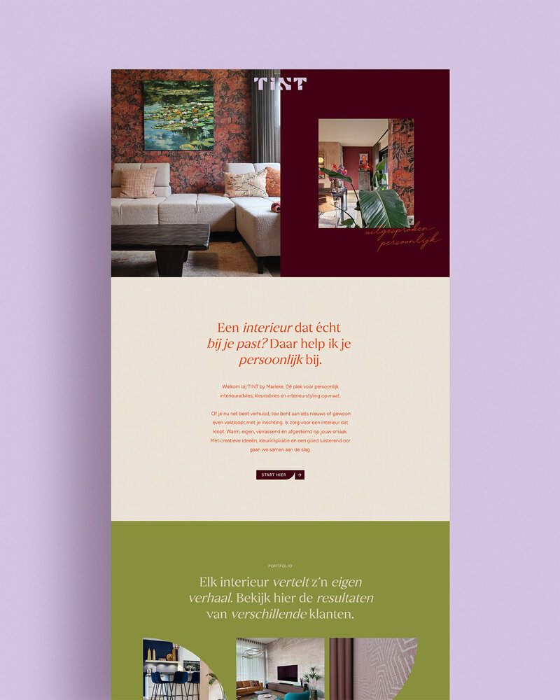 Kleurrijk en persoonlijk webdesign voor TINT interieurstyling met focus op op maat gemaakte woonoplossingen.