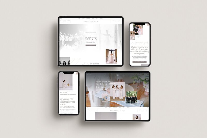 A tablet and three smartphones display different web pages featuring wedding planning services and event photography by Melissa Dawn Events, showcasing their website design packages tailored for brand identity design services.