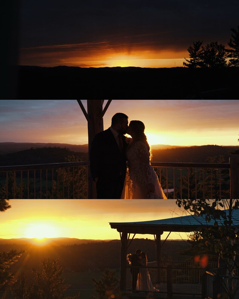 Wedding couple kissing with the sun setting behind them at Le Belvedere venue