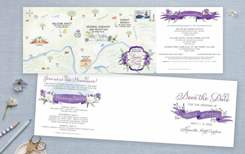 watercolor wedding map of asheville NC highlighting blue ridge parkway and downtown asheville
