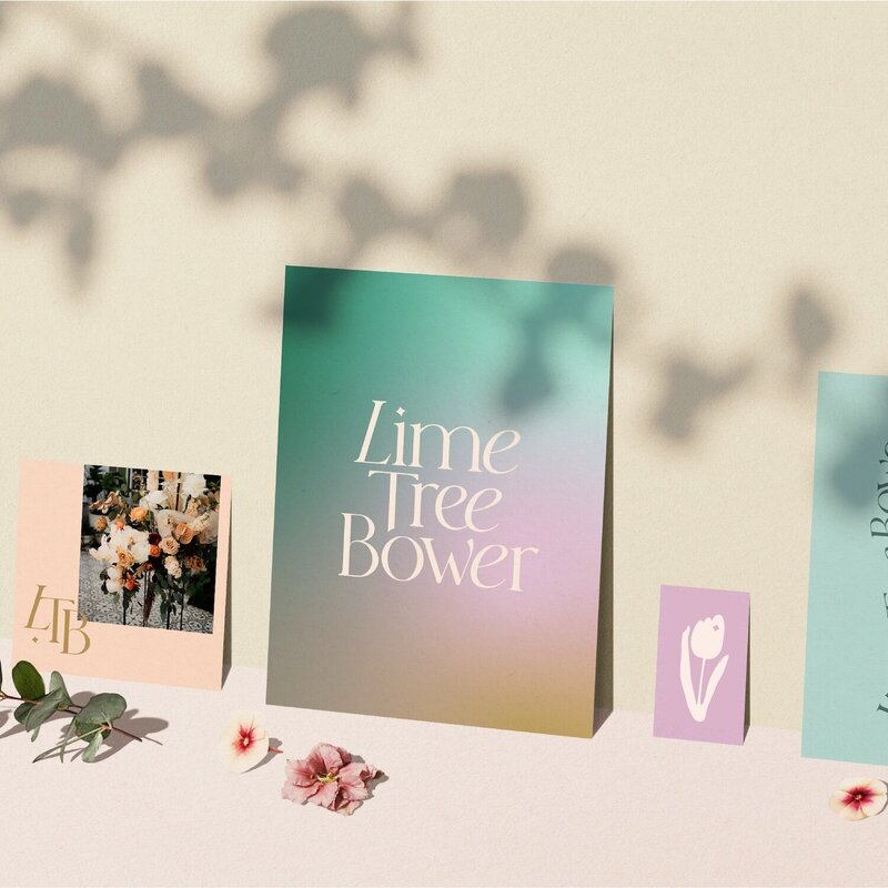 Lime Tree Bower logo mockups leaning against a wall with a floral shadow overlay