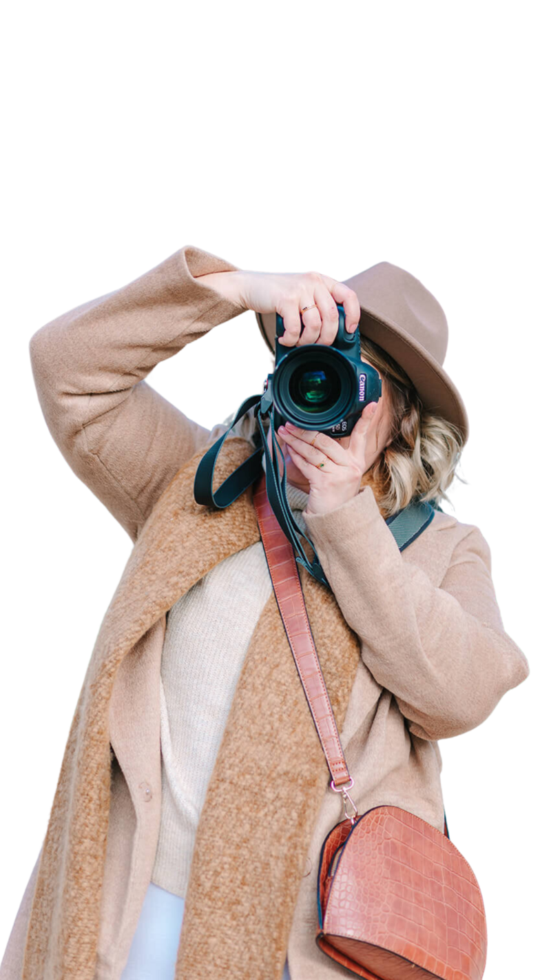 Paris Photographer, Rachael Laporte holding camera during Paris photoshoot