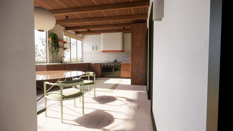 A ensuite with floral wallpaper, natural stone and brass accents