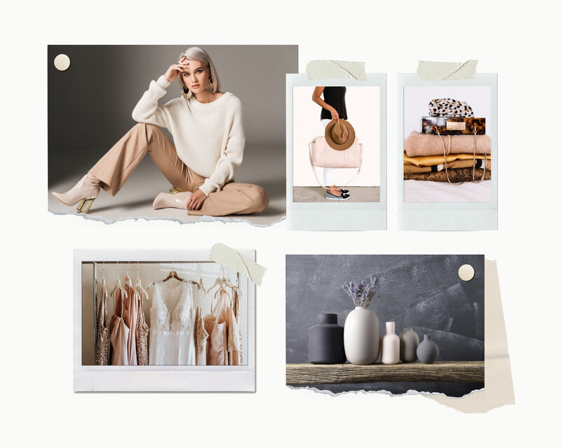 A vision board showing taped photographs of a fashion model, bridal gowns, travel bags, fashion accessories, and decorative ceramics