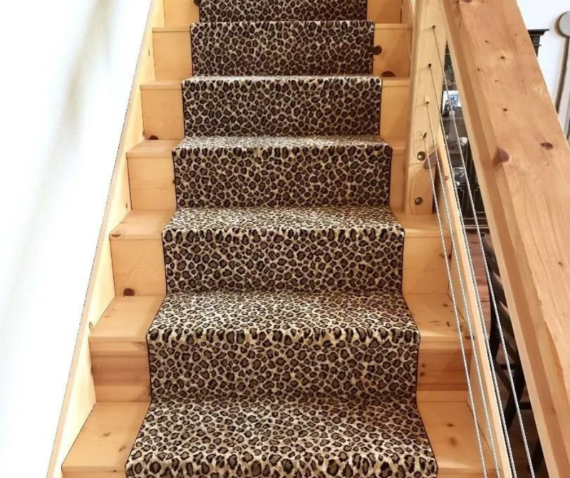 Cheetah-print stair rug runner.