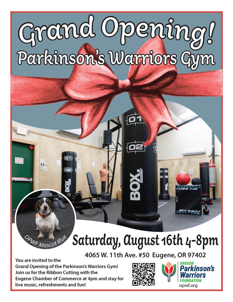 Flyer for the OPWF boxing gym grand opening celebration. A picture of the gym with a red ribbon over the top and details about the event.