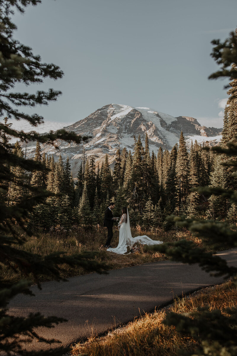 groom embracing bride on European hillside