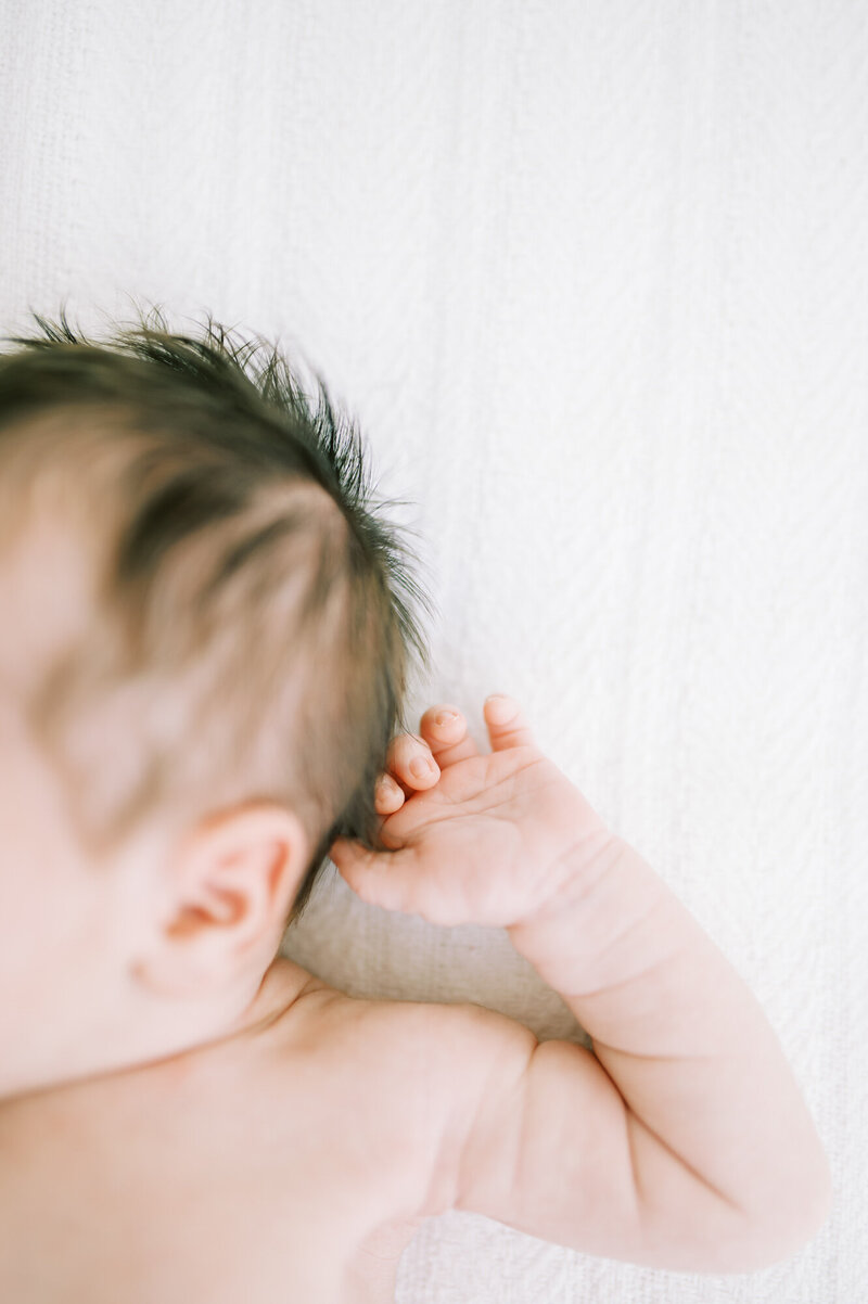 Newborn baby hand with fingers gently curled and grasping onto back of head with dark fluffy hair resting on white bedding by Portland Newborn Photographer Emilie Phillipson Photography.