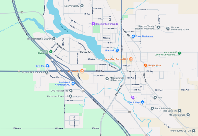 Google map showing the location of AMK Cleaning Services in Bloomer, WI.