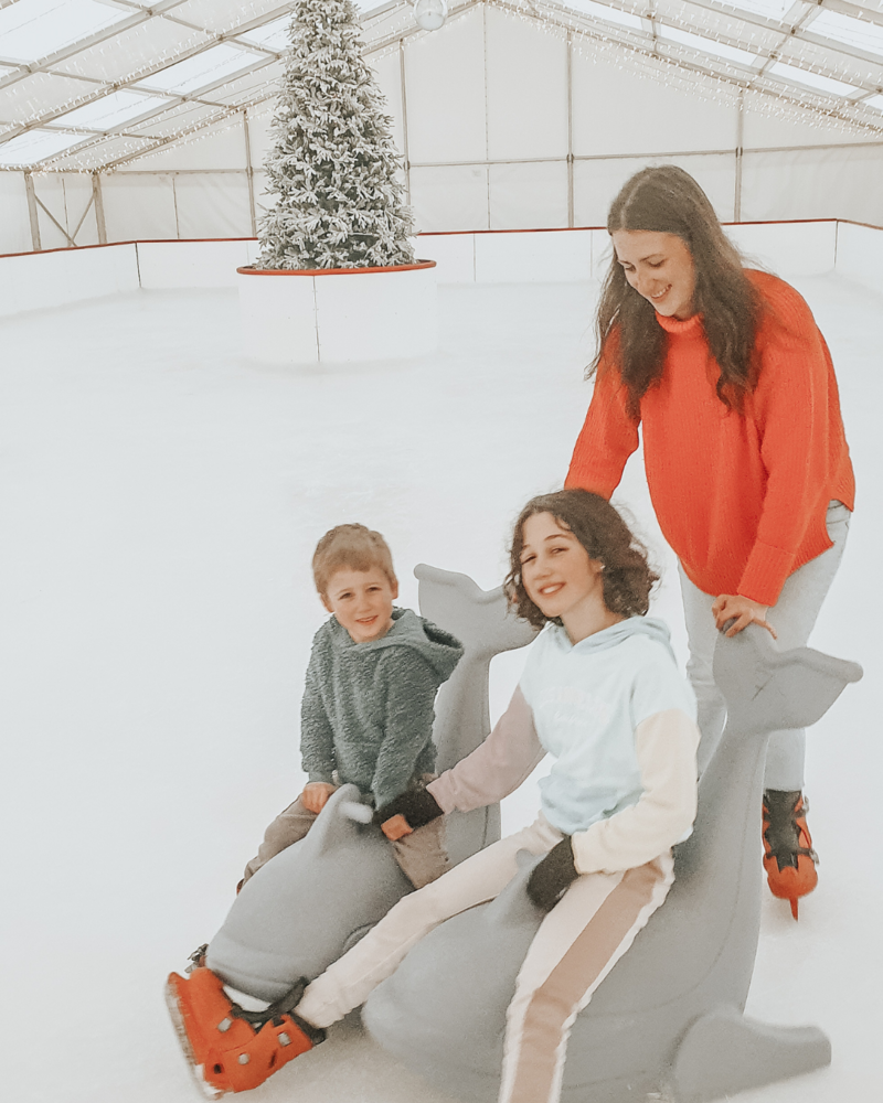 A mother in a red jumper ice skates with her two young children at an indoor ice rink