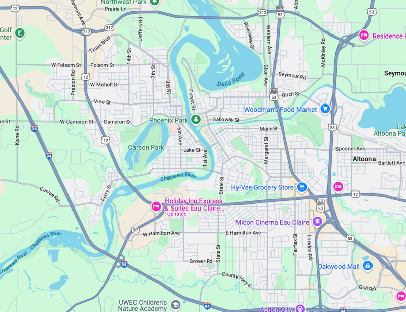 Google map showing the location of AMK Cleaning Services in Eau Claire, WI
