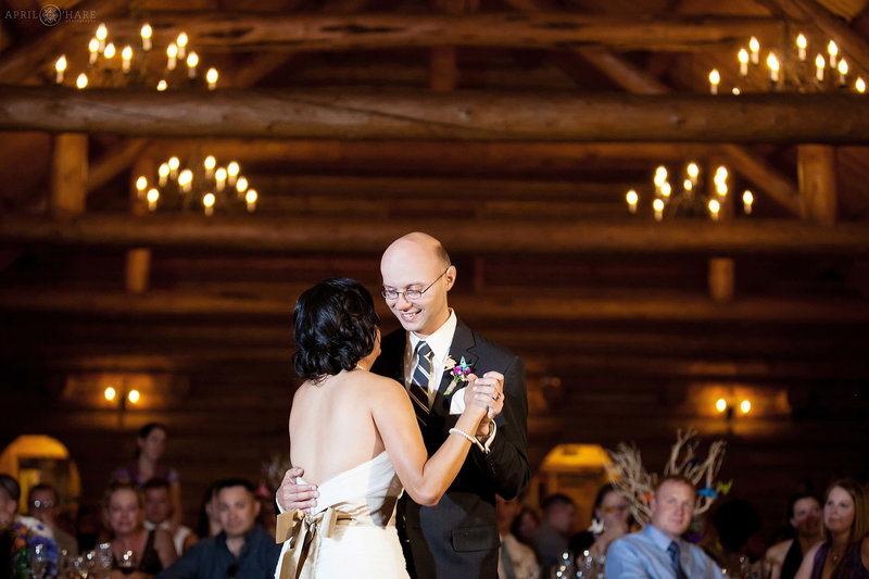 Bride and Groom Dance at their Evergreen Lake House wedding in Colorado