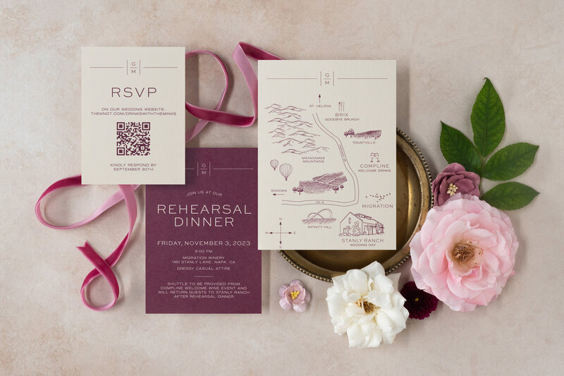 Custom designed wedding stationery with white paper and modern serif text