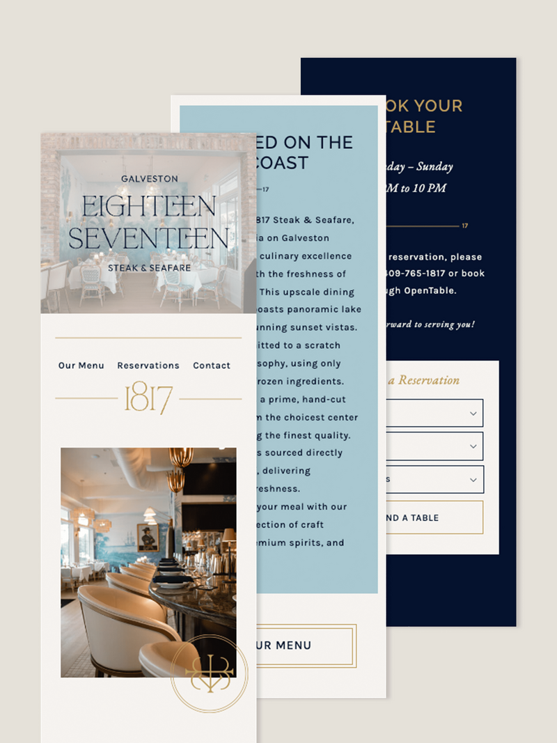 Mobile-optimized Showit website design for a fine dining restaurant. Features a warm neutral palette, elegant typography, and intuitive navigation ideal for restaurant and hospitality branding.