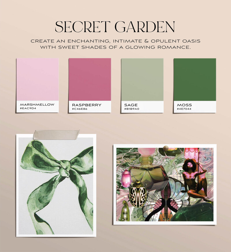 Moodboard of greens and pink tones to inspire you for your wedding