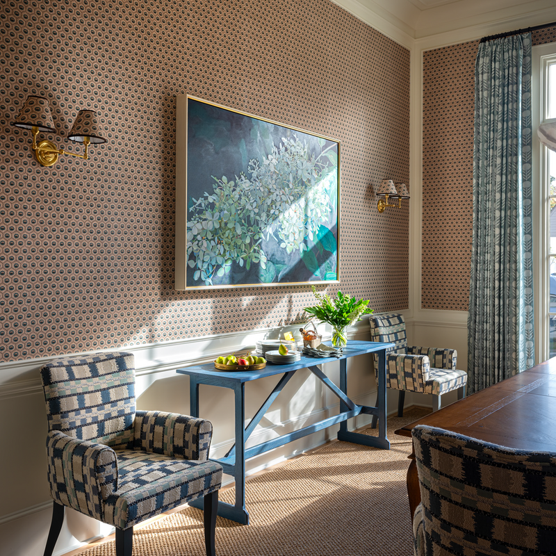 playful colorful dining room traditional funky eclectic classic meets modern wallpaper blue dining room statement art los angeles interior designer
