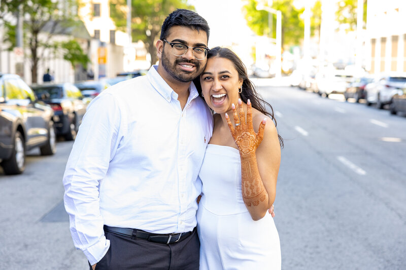 Bride and groom walk up memorial steps at their DC wedding