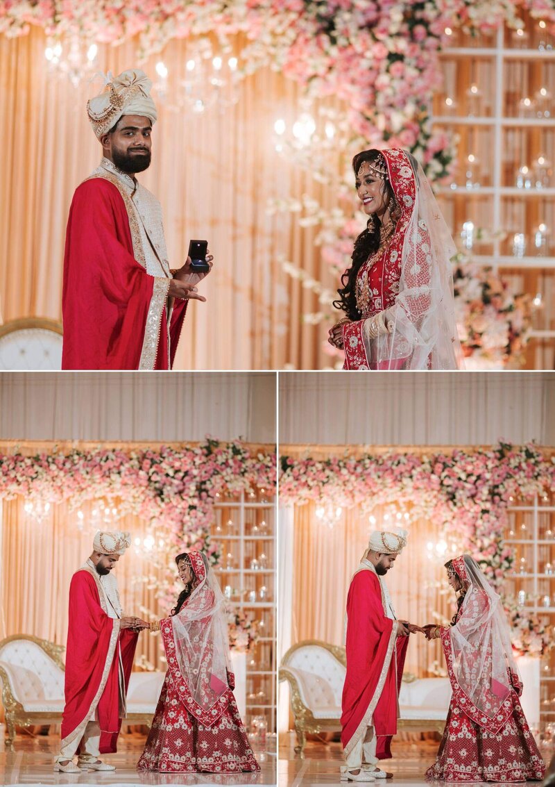 South Asian bride and groom hold hands at Royal Alberts Palace.