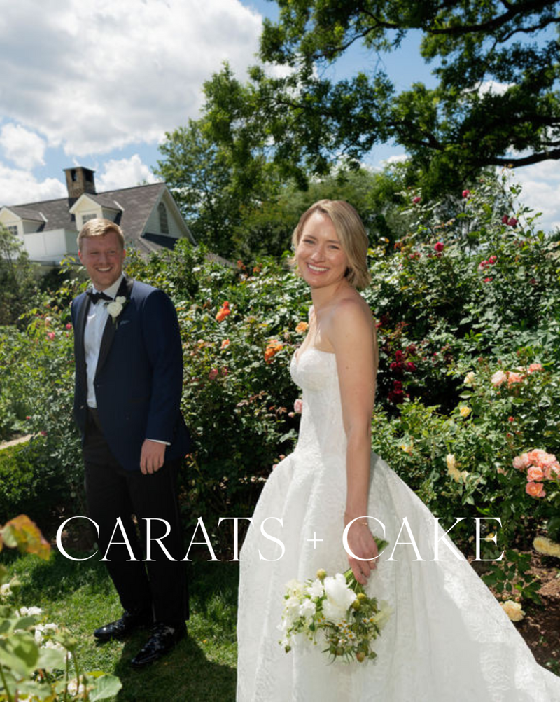 Bride and groom in the garden at Chevy Chase Club in Maryland, with the bride holding a classic white bouquet designed by Springvale Floral. Luxury wedding florist in Washington DC and Virginia creating romantic, editorial floral designs for high-end celebrations.