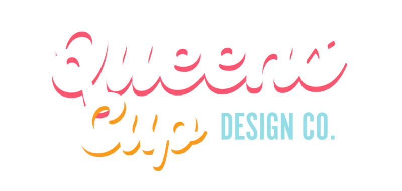 White, pink, orange, and bright blue logo that reads, "Queens Cup Design Co.".