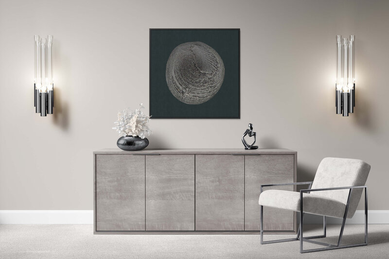 Fine Art Canvas with a black frame featuring Project Stardust micrometeorite NMM 2889 for luxury interior design