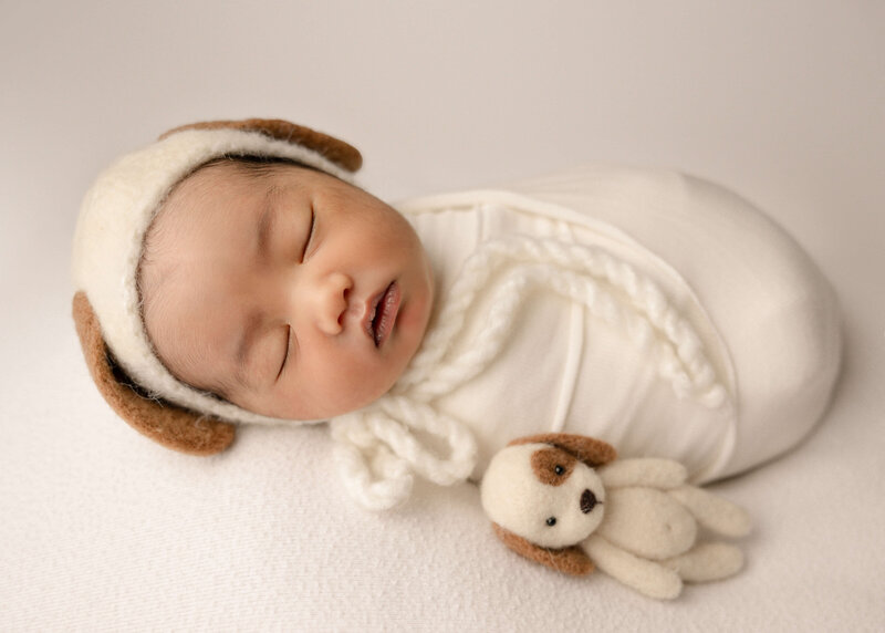 Newborn baby posed in studio in basket in Orange County.