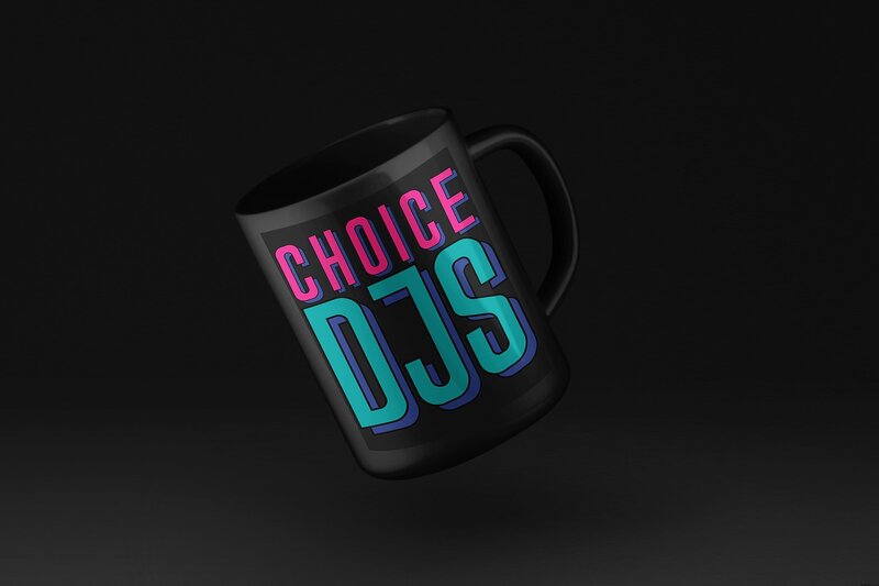 Black coffee mug mockup for Choice DJ brand