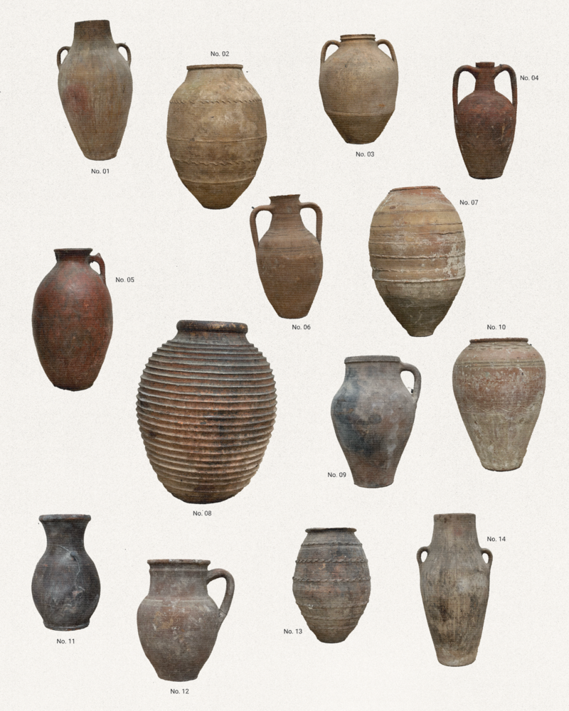 Graphic design layout created for OTTO Studios by Studio Petita, showcasing a curated collection of 14 antique vessels. The design highlights the earthy textures, patina, and timeless beauty of each piece, arranged with a clean, minimal aesthetic.
