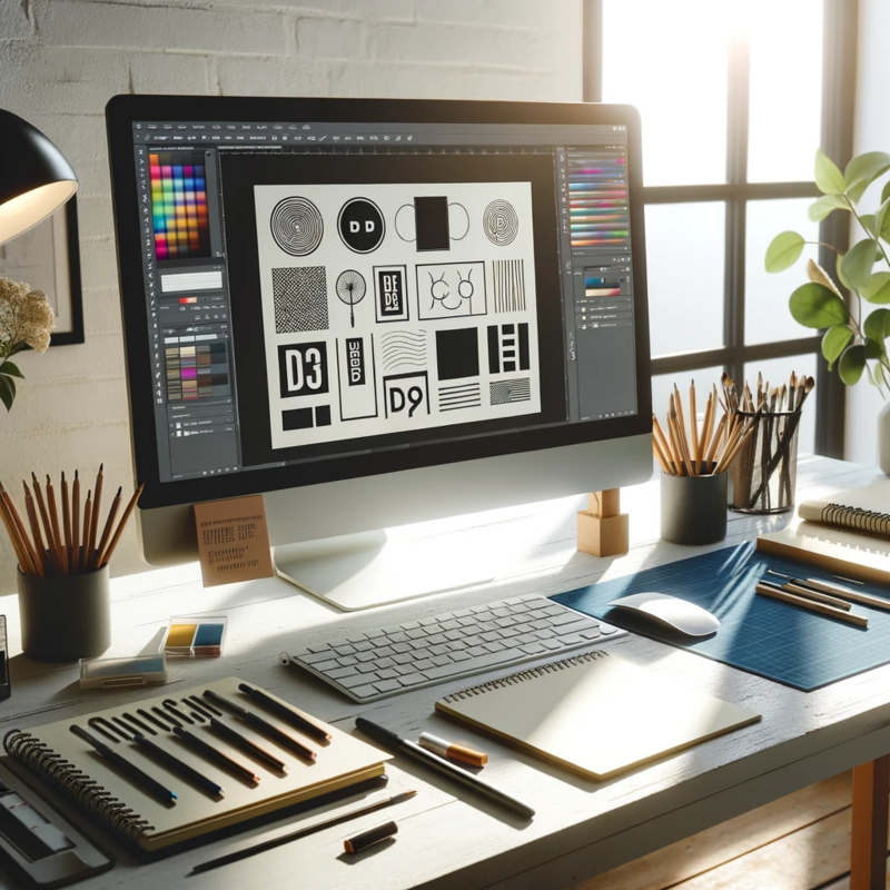 DALL·E 2023-12-26 20.15.45 - A modern, organized creative workspace with a computer displaying graphic design software. The screen shows a logo and brand board in progress. The wo
