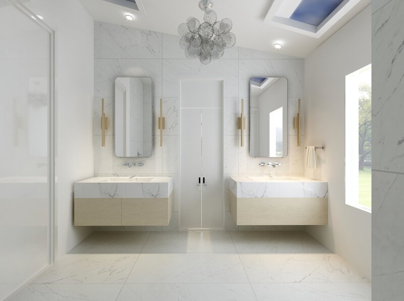 Luxury bathroom design with floating his and hers sinks