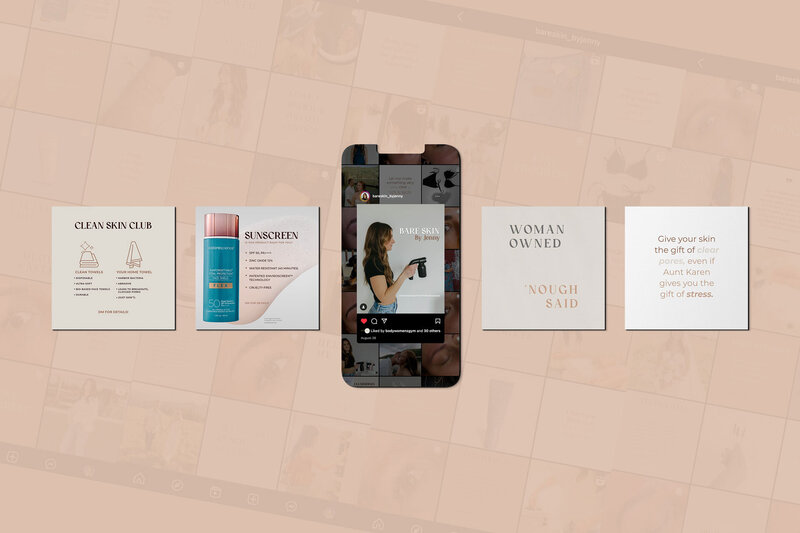 A social media mockup of different social media posts designed for an esthetician brand 'Bare Skin By Jenny'.