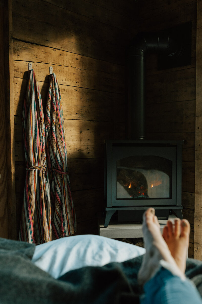 Cozy indoor aframe cabin bedroom