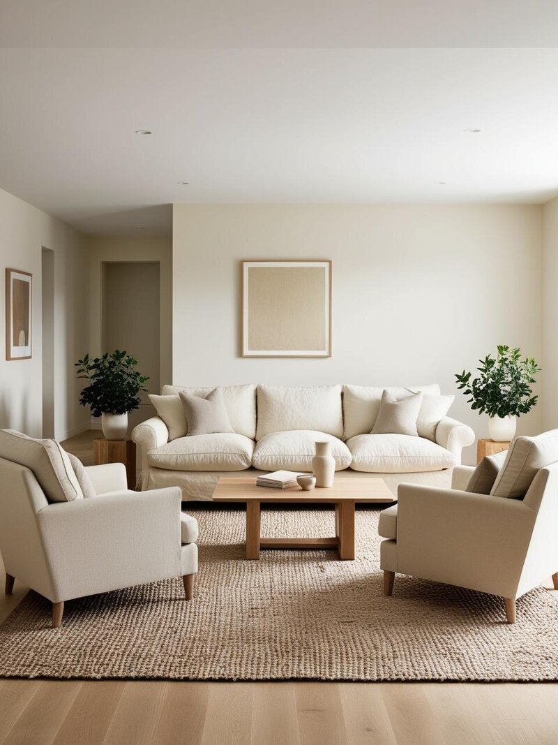 A refined minimalist living room with a linen sofa and chairs in off-white, complemented by oak tables and muted artwork. A jute rug anchors the space, with subtle greenery adding a touch of life.