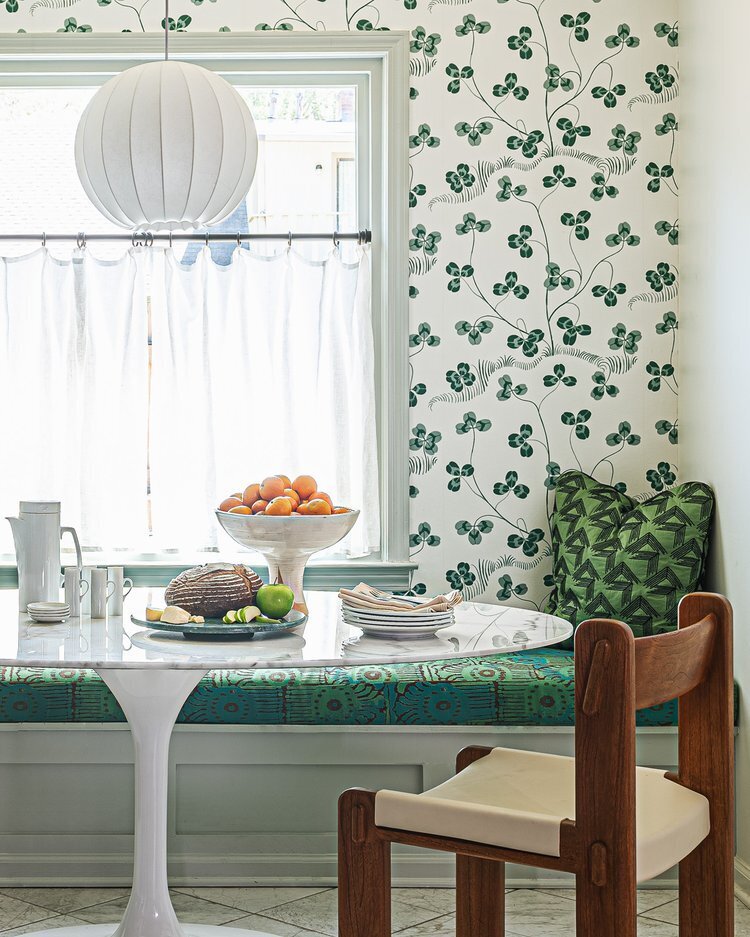 Los Angeles interior design studio breakfast kitchen nook colorful banquette mid century California modern
