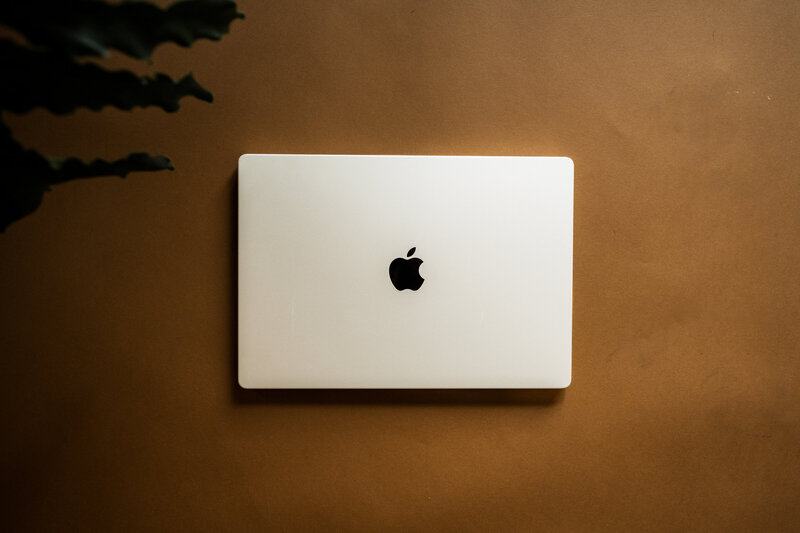 Close-up of a MacBook on an orange background with a green plant to the side, representing the Grassroots Creative Company blog.