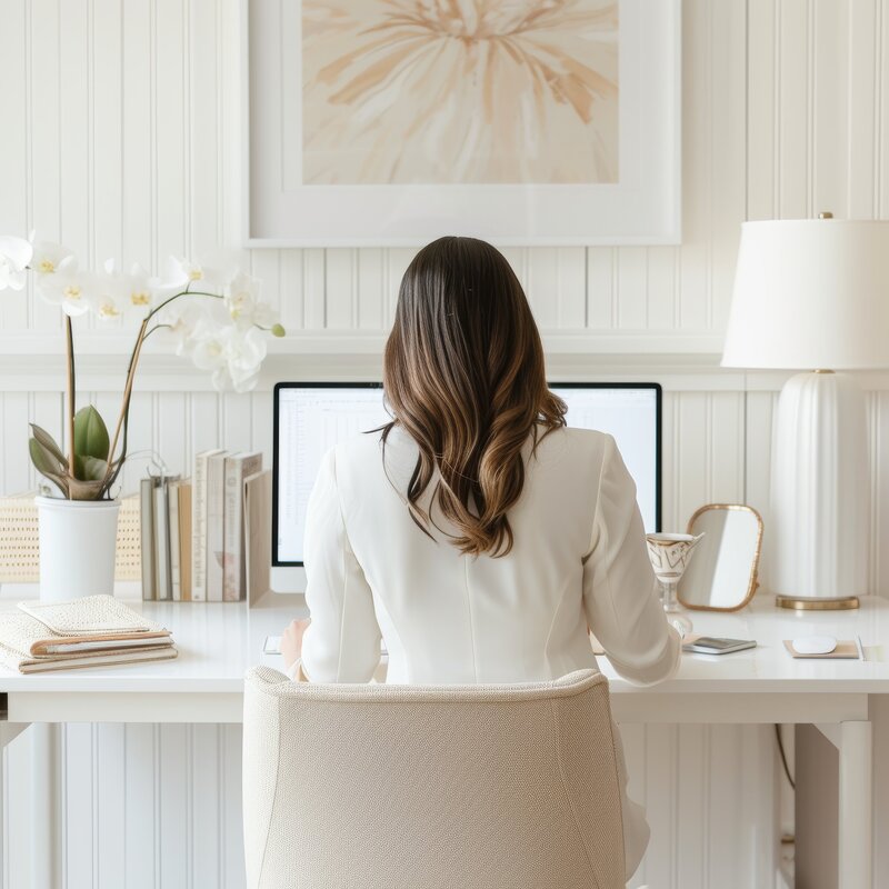 Woman working confidently at her desk